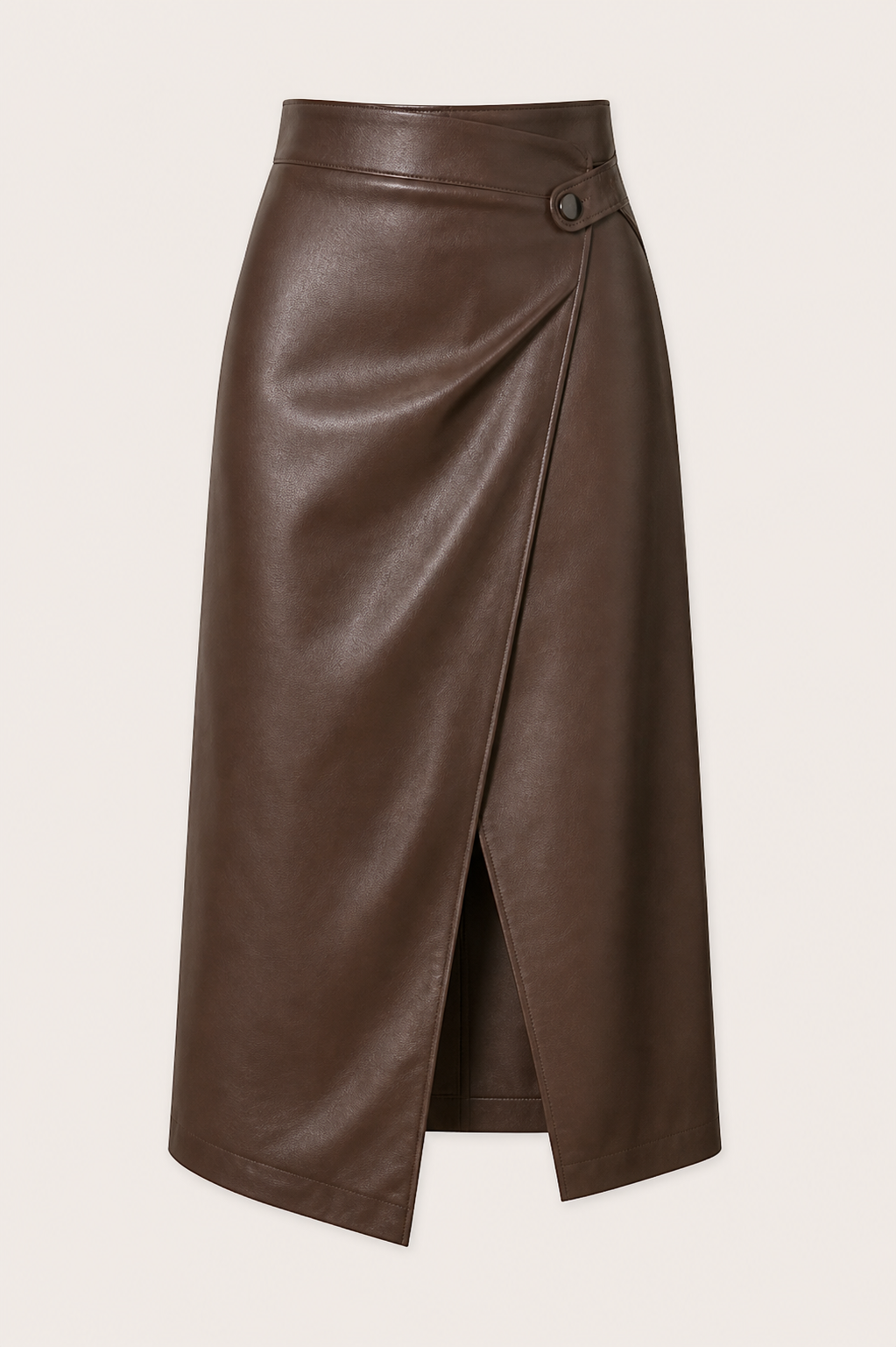 Jupe midi cuir chocolat portefeuille