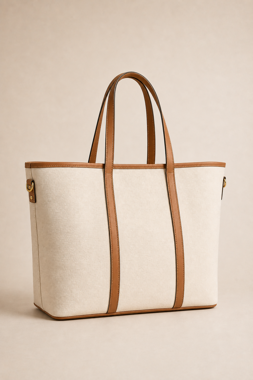 Grand tote ecru toile et cuir tan