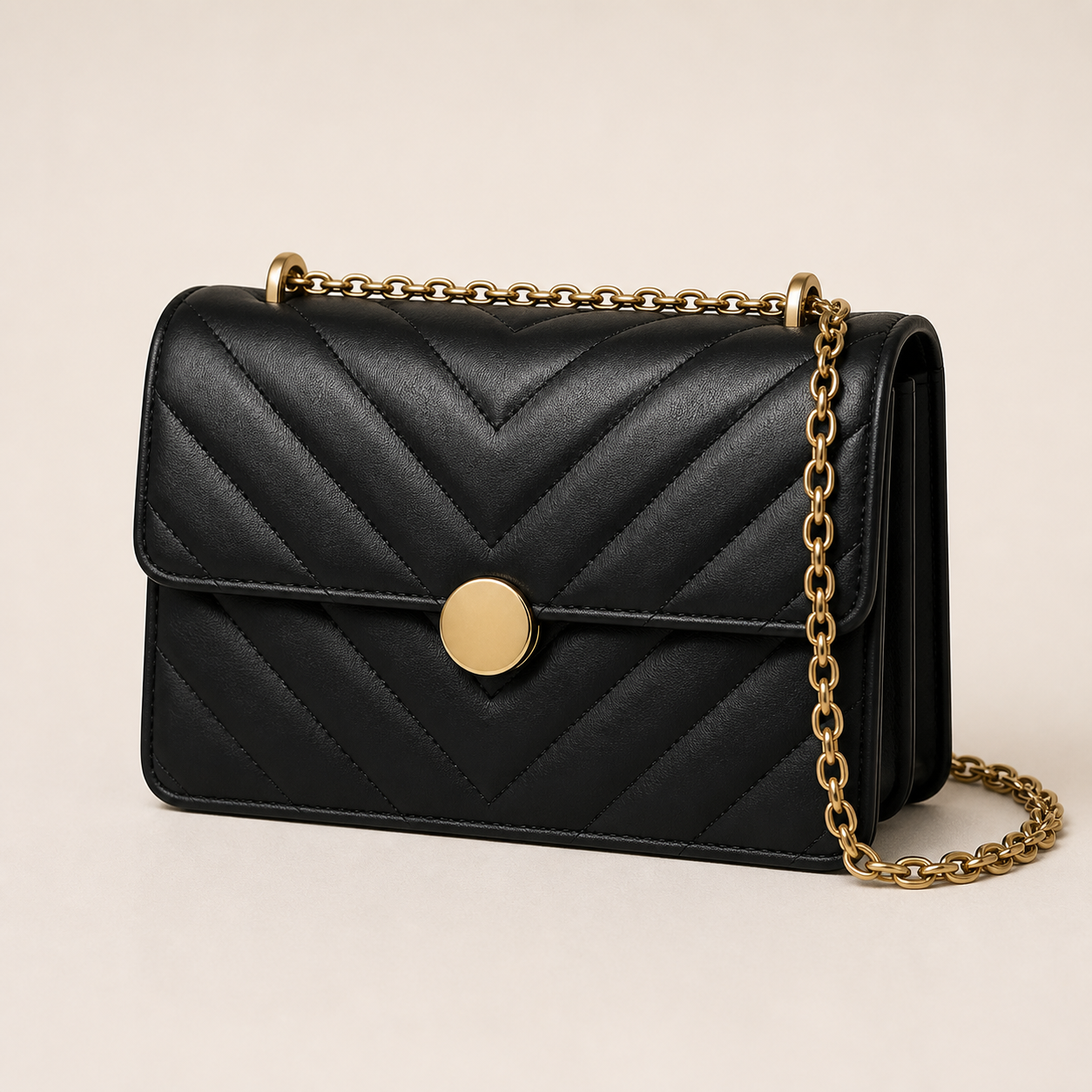 Sac matelassé noir chaîne or fermoir rond