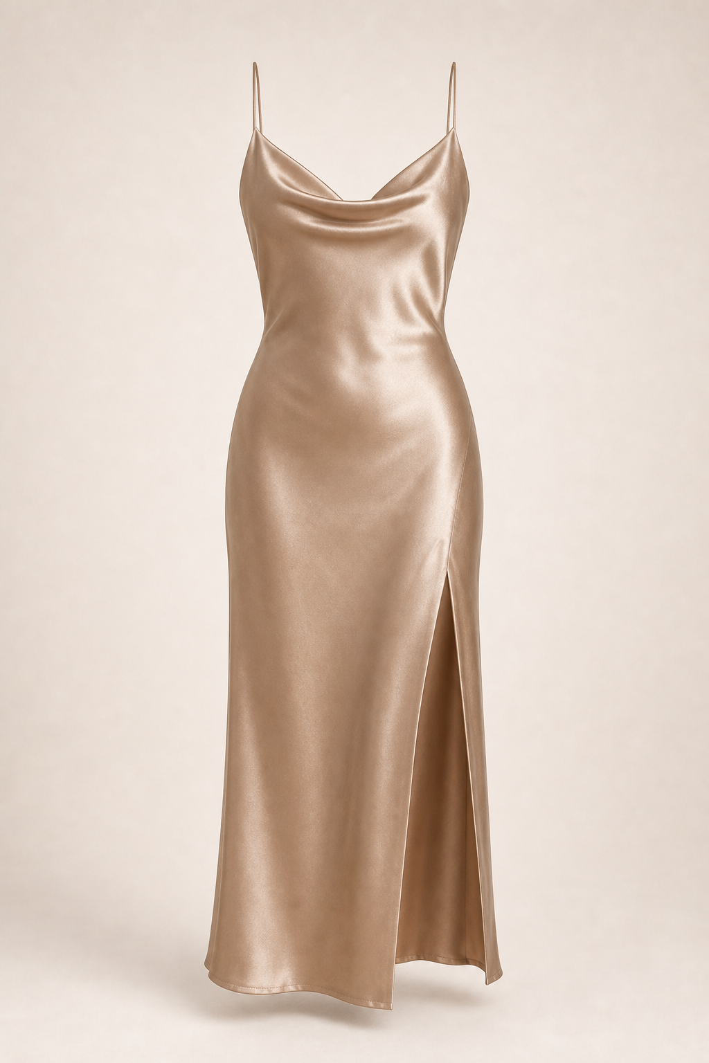 Robe midi satin champagne fendue soirée