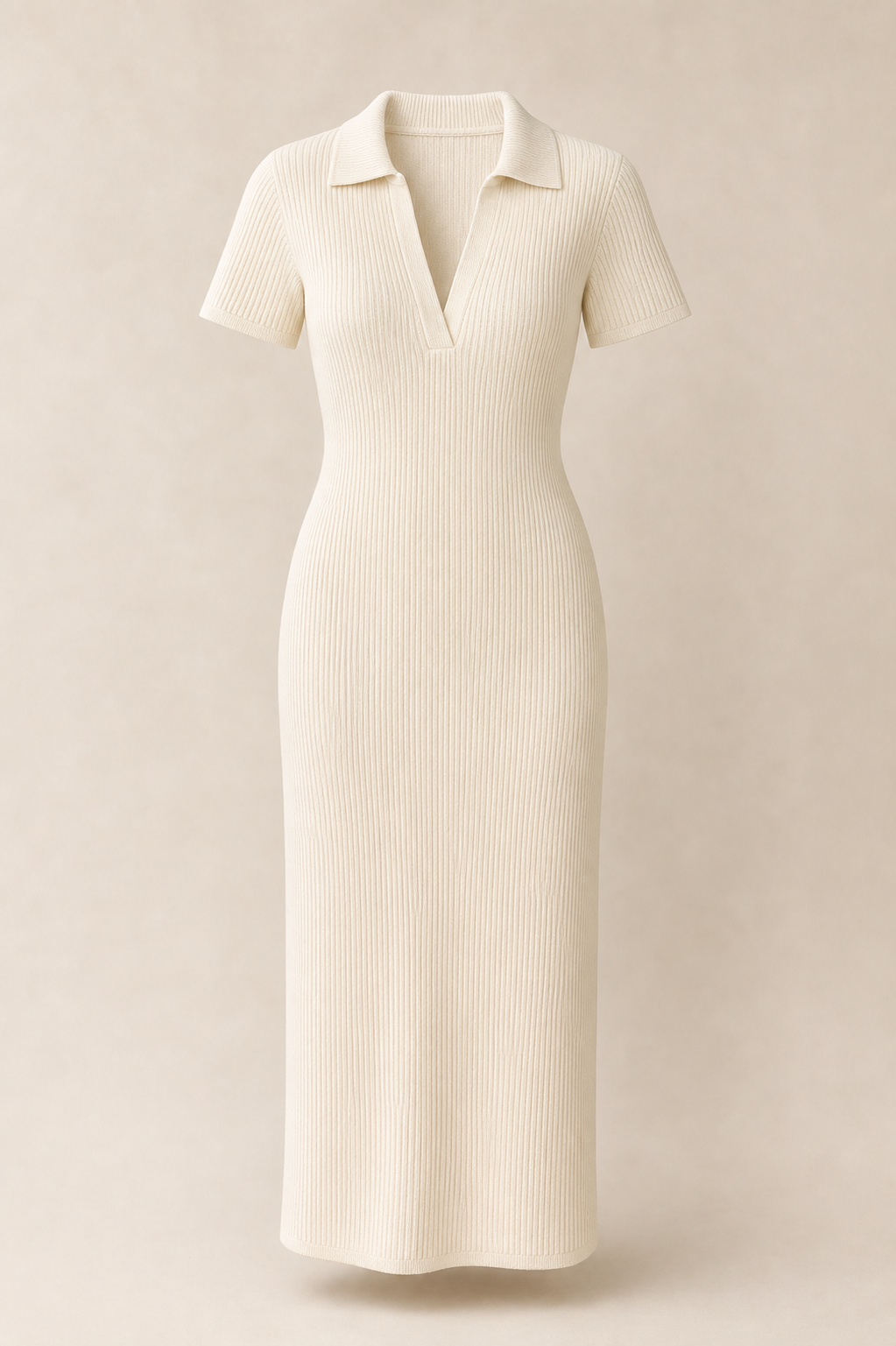 Robe polo midi maille côtelée crème