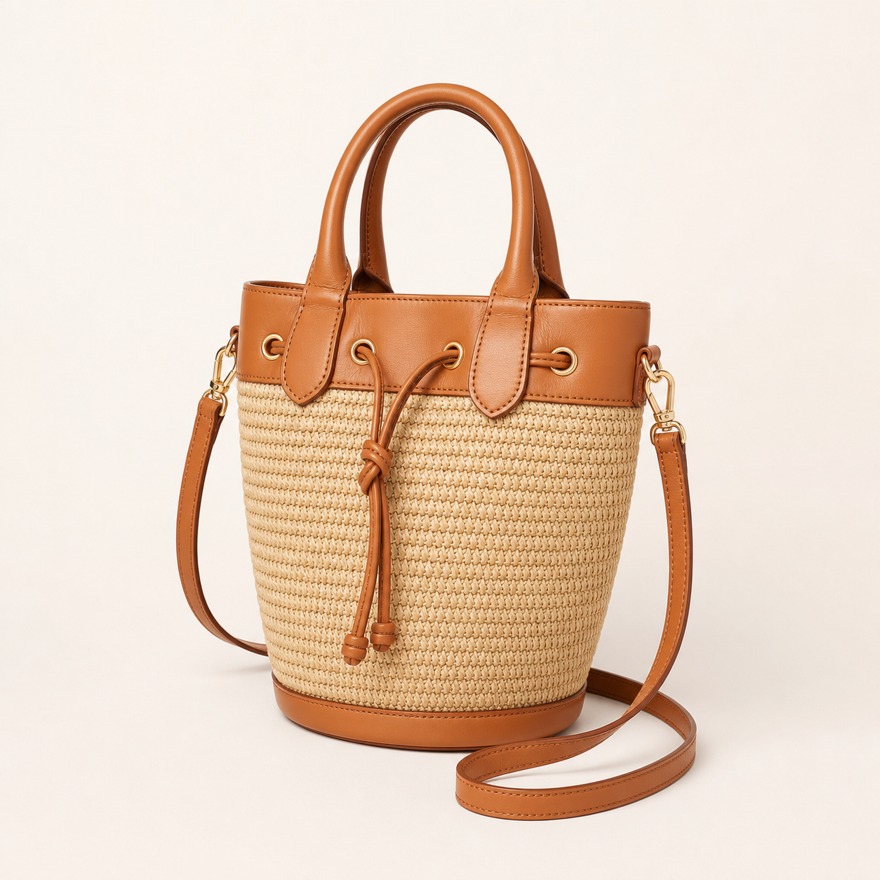 Sac panier seau raphia cuir tan
