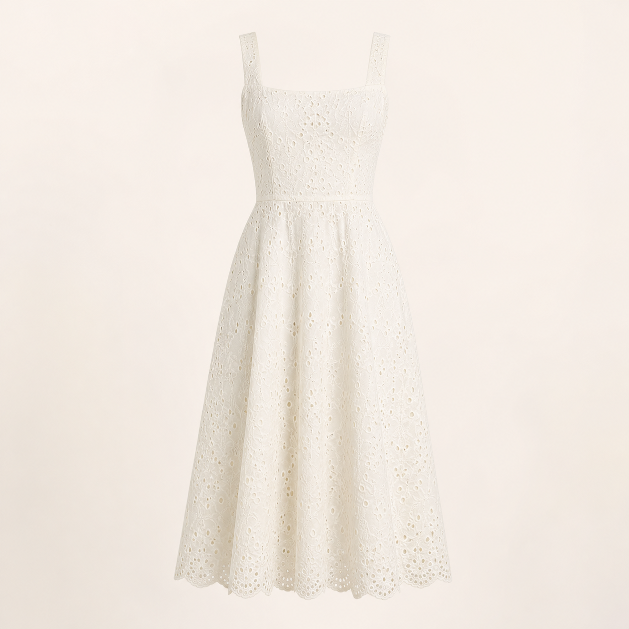 Robe midi broderie anglaise coton blanc cassé