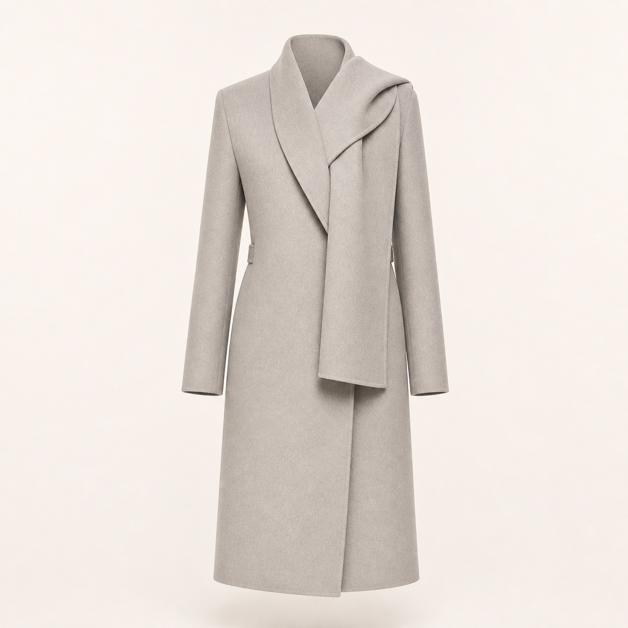 Manteau laine gris perle col echarpe integre