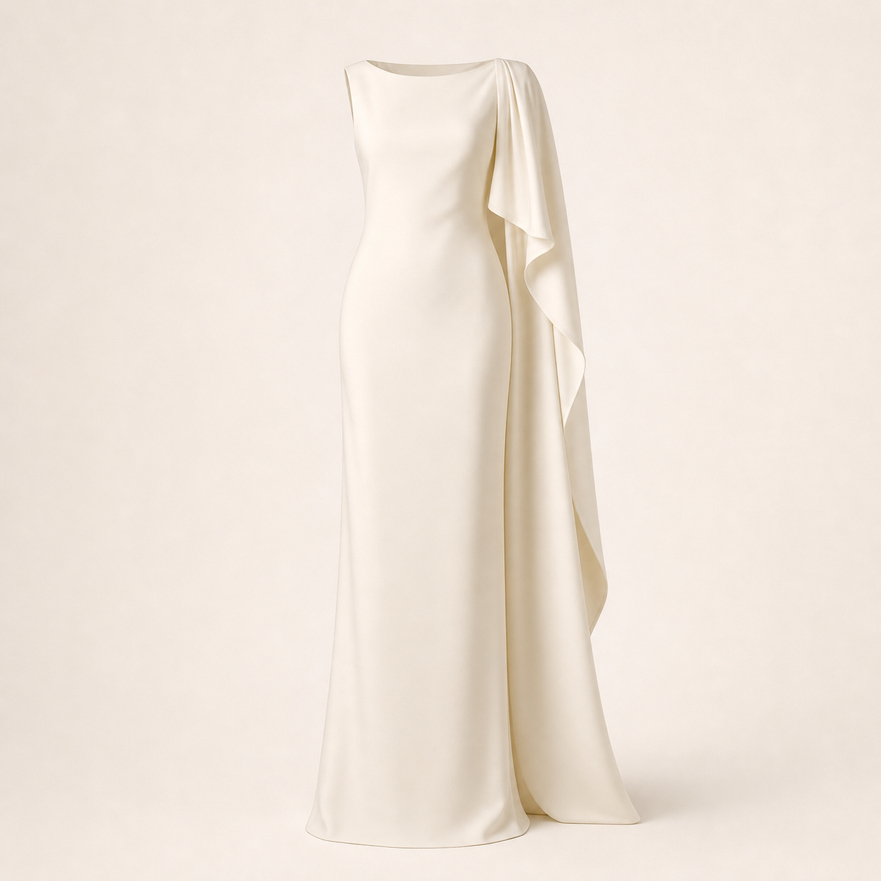 Robe longue colonne crêpe soie ivoire cape épaule