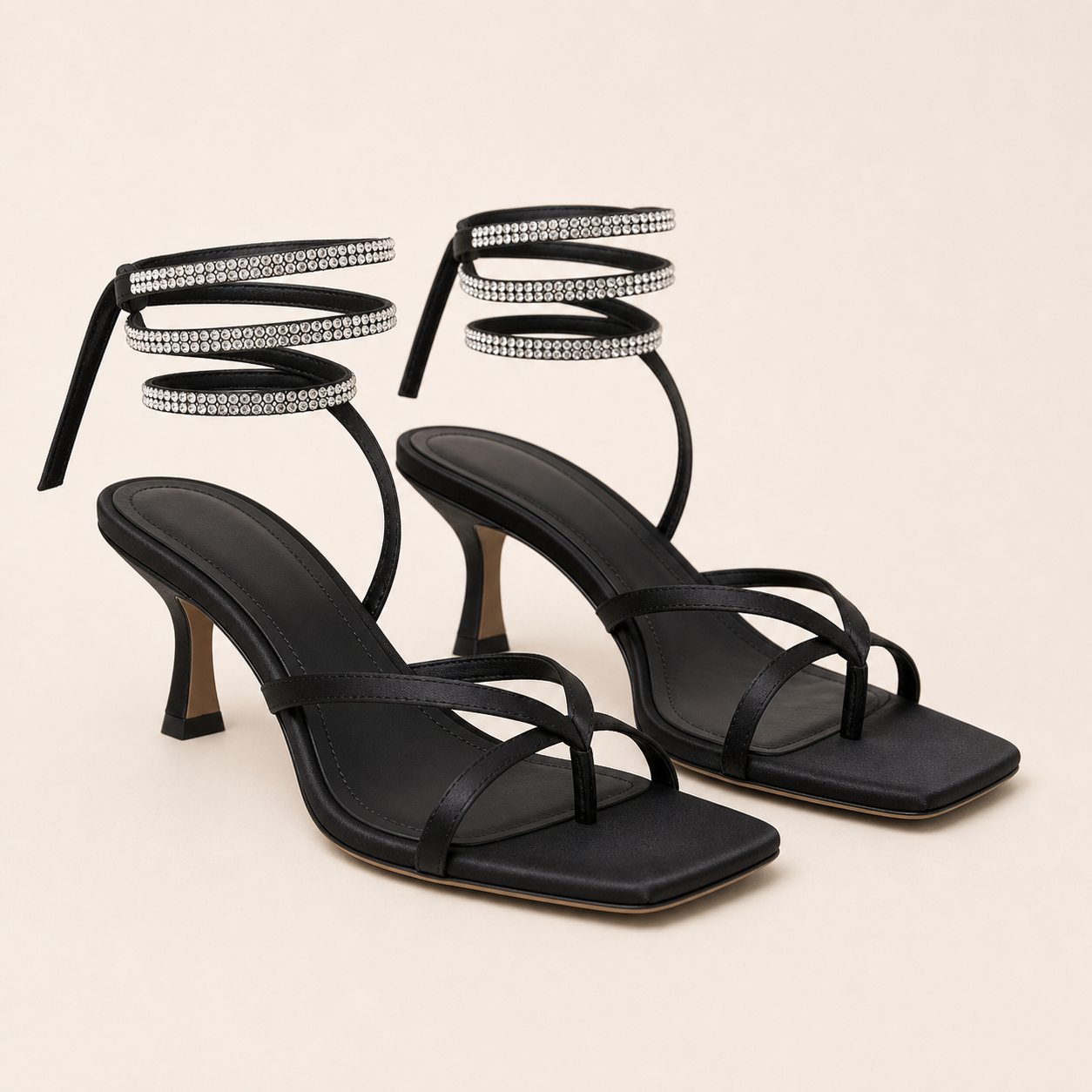Sandales soir satin noir bride cristal cheville