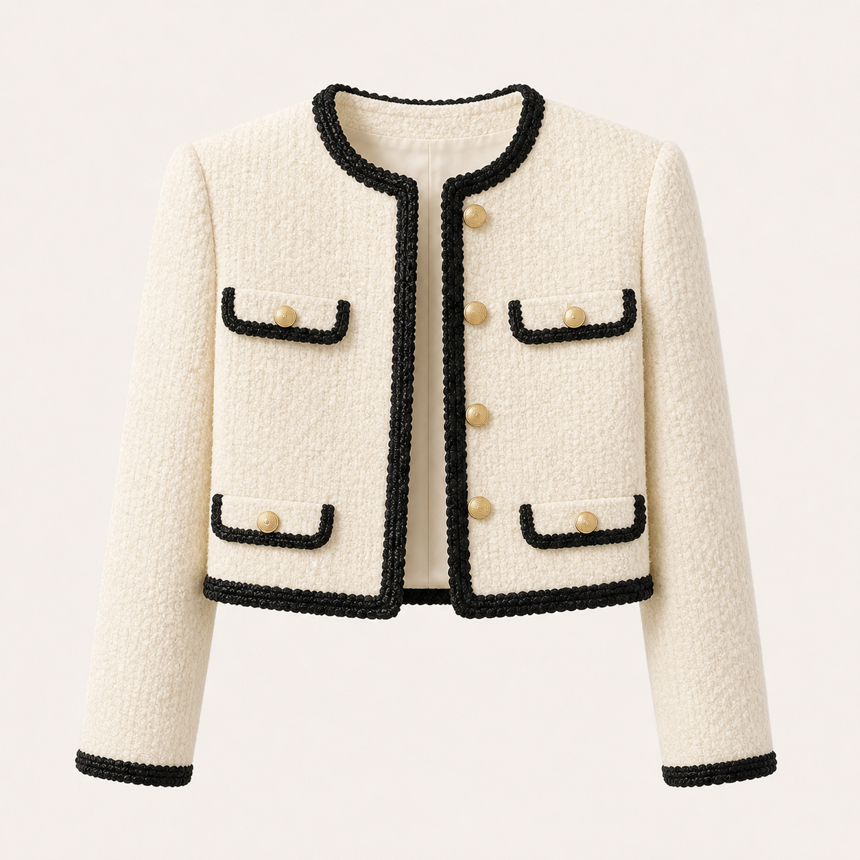 Veste courte boucle ivoire galon noir