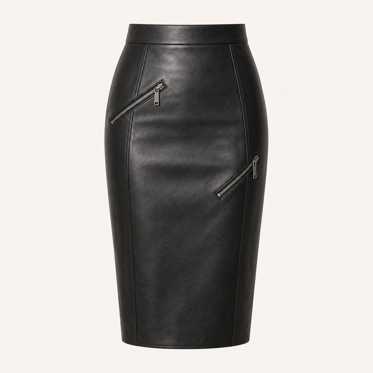 Jupe crayon genou cuir noir zips diagonaux