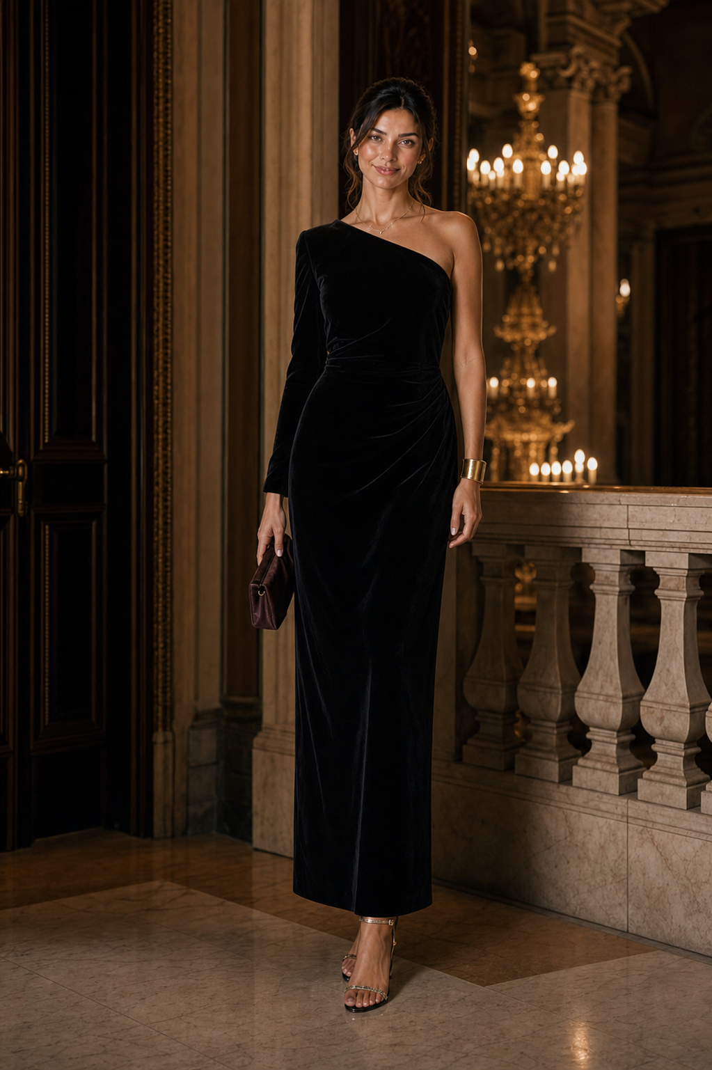 Capucine en robe colonne velours noir dans un foyer d'opéra