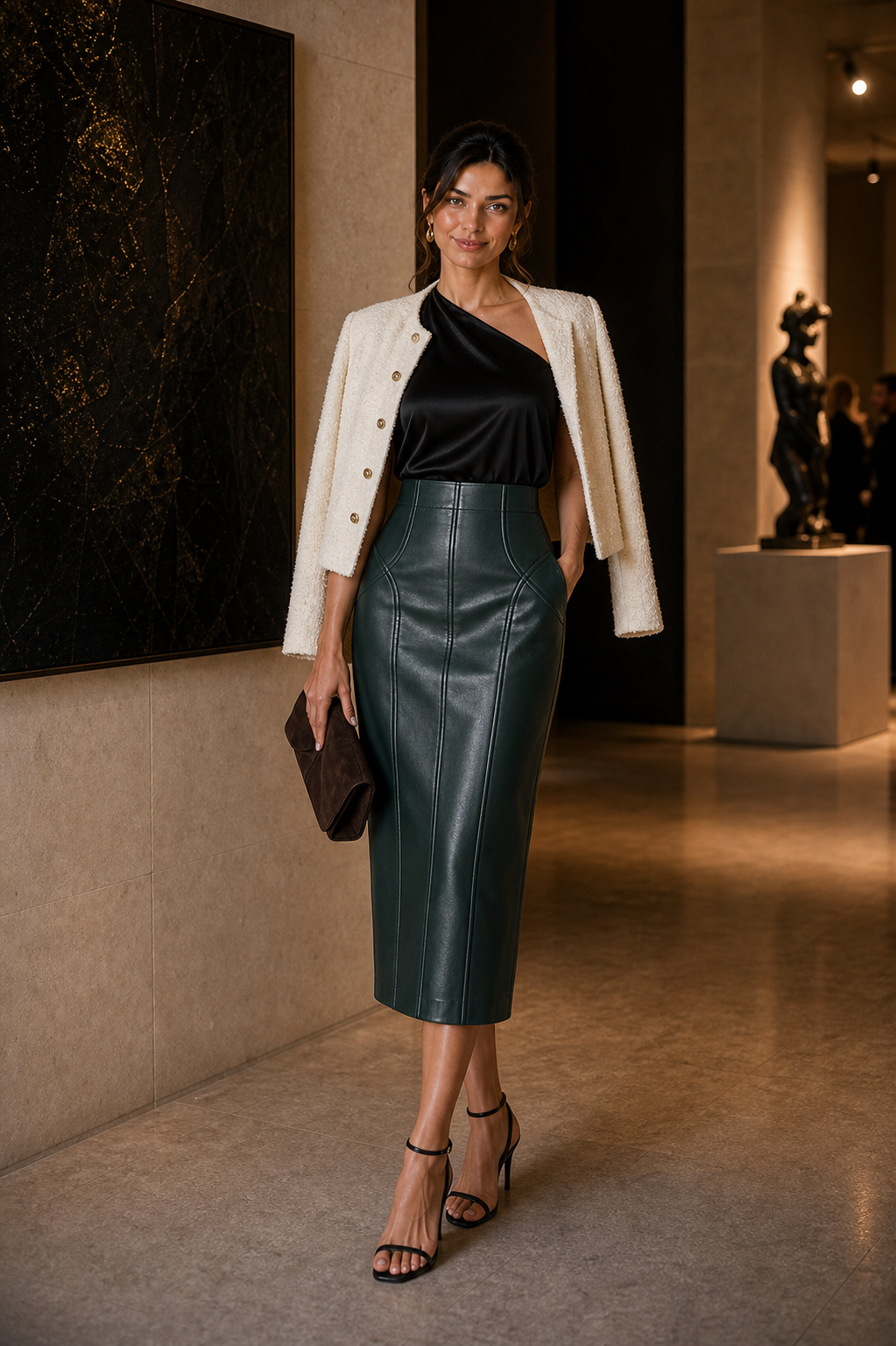 Capucine en jupe crayon midi cuir vert bouteille à panneaux couture, top soie noir et veste bouclé ivoire