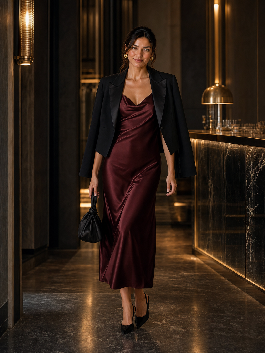 Capucine en robe satin bordeaux avec veste smoking noire