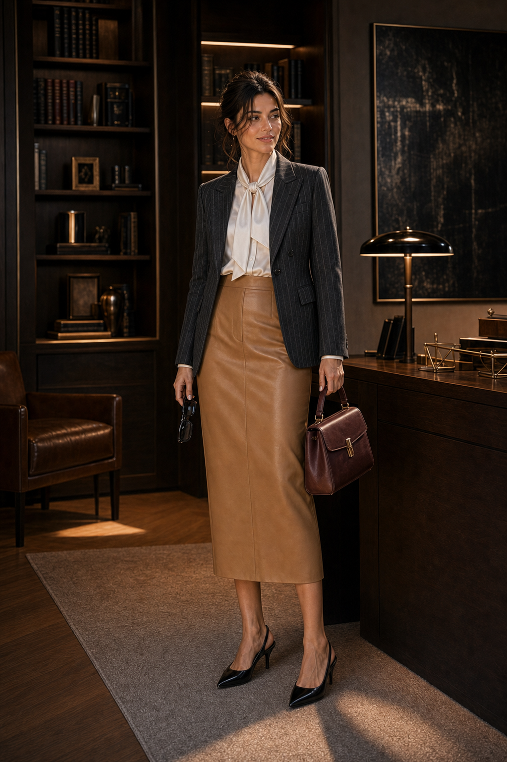 Capucine en jupe cuir camel au bureau