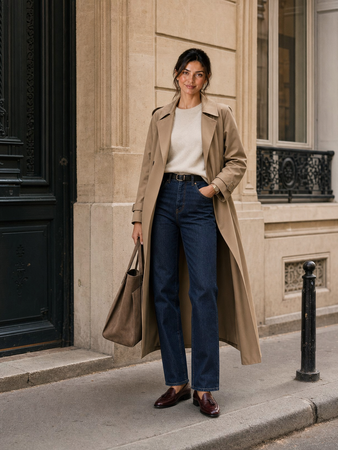 Capucine en trench camel, maille ivoire, jean brut et cabas suède
