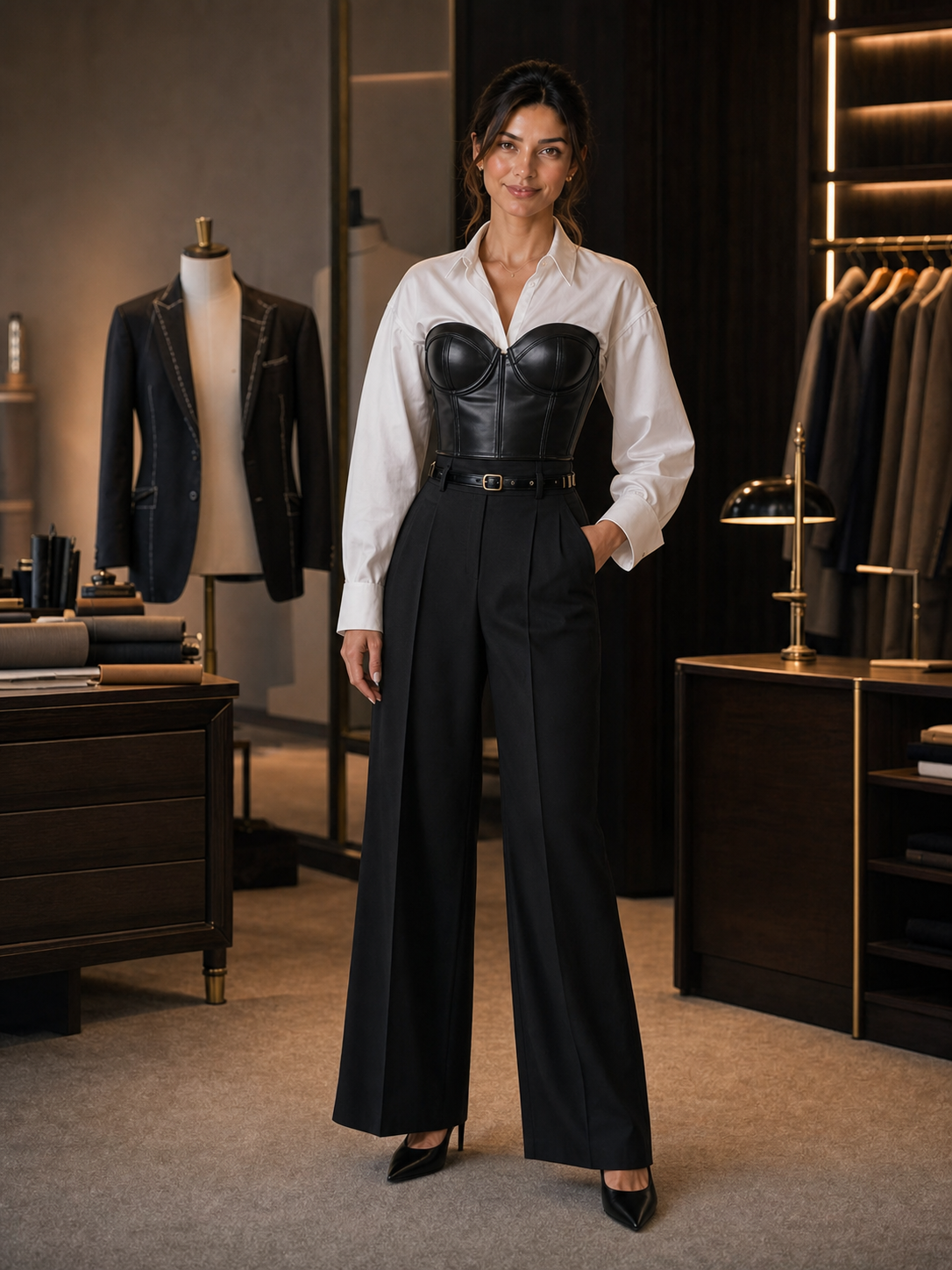 Capucine avec corset noir sur chemise blanche et pantalon large