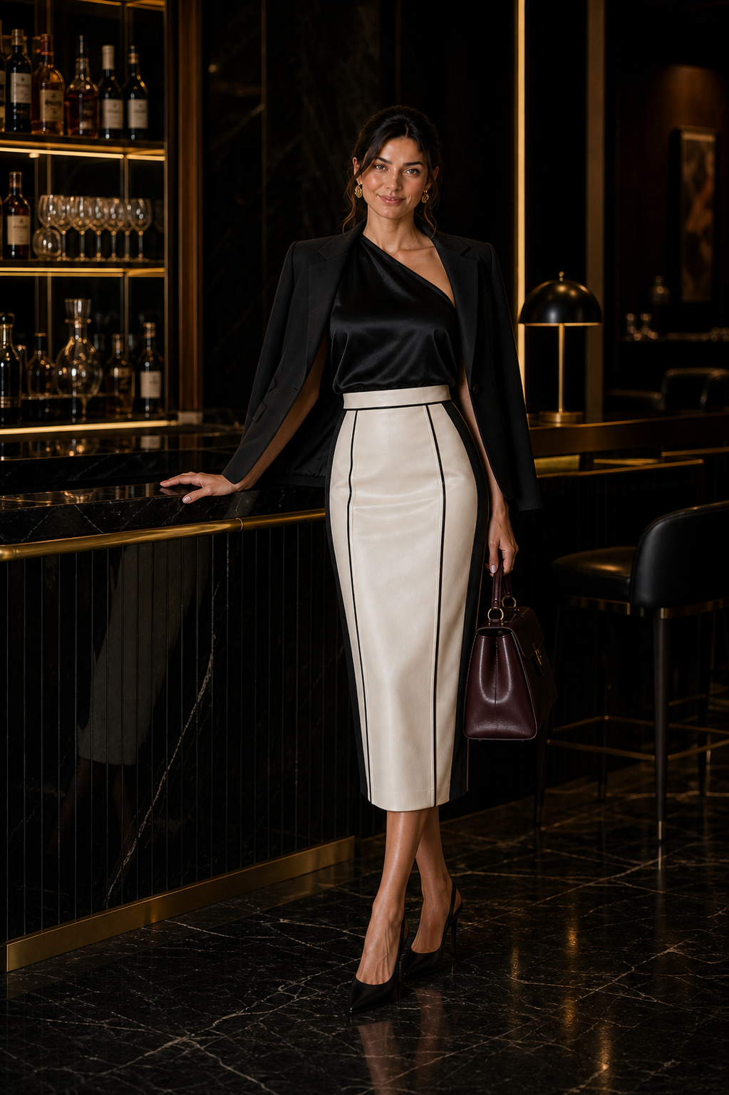 Capucine en jupe crayon midi cuir crème cloud dancer à passepoil smoking noir, top soie noir et veste smoking