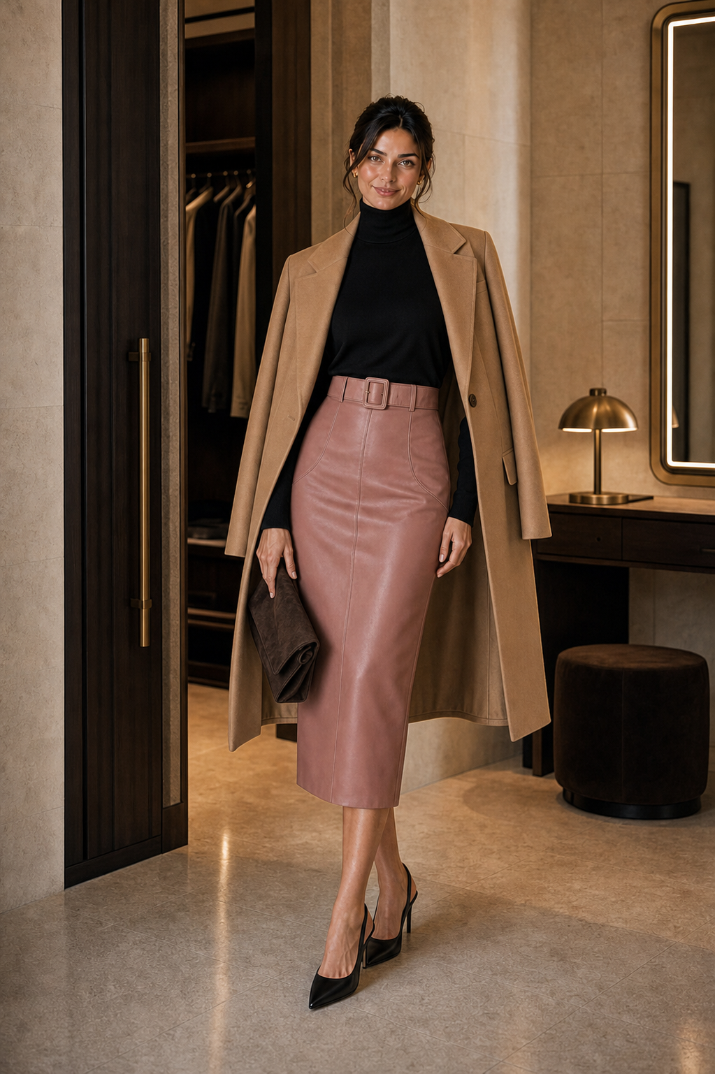 Capucine en jupe crayon midi cuir rose poudré ceinturée, col roulé noir et manteau camel