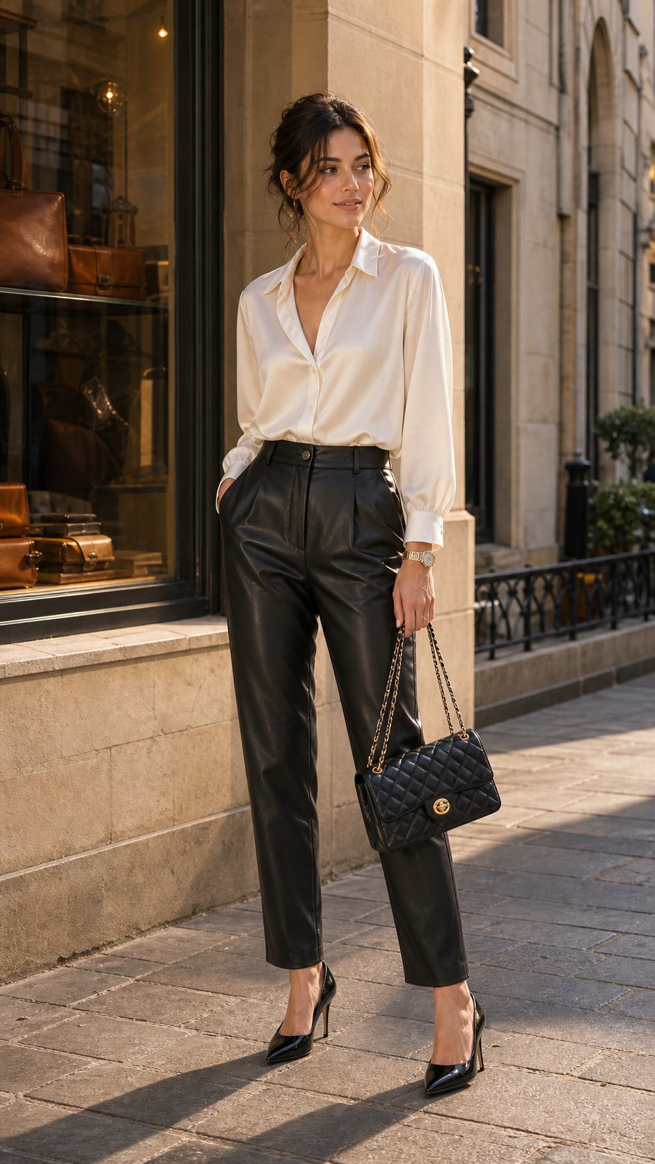Satin ivoire et cuir noir, le contraste matière au centre de l'article.