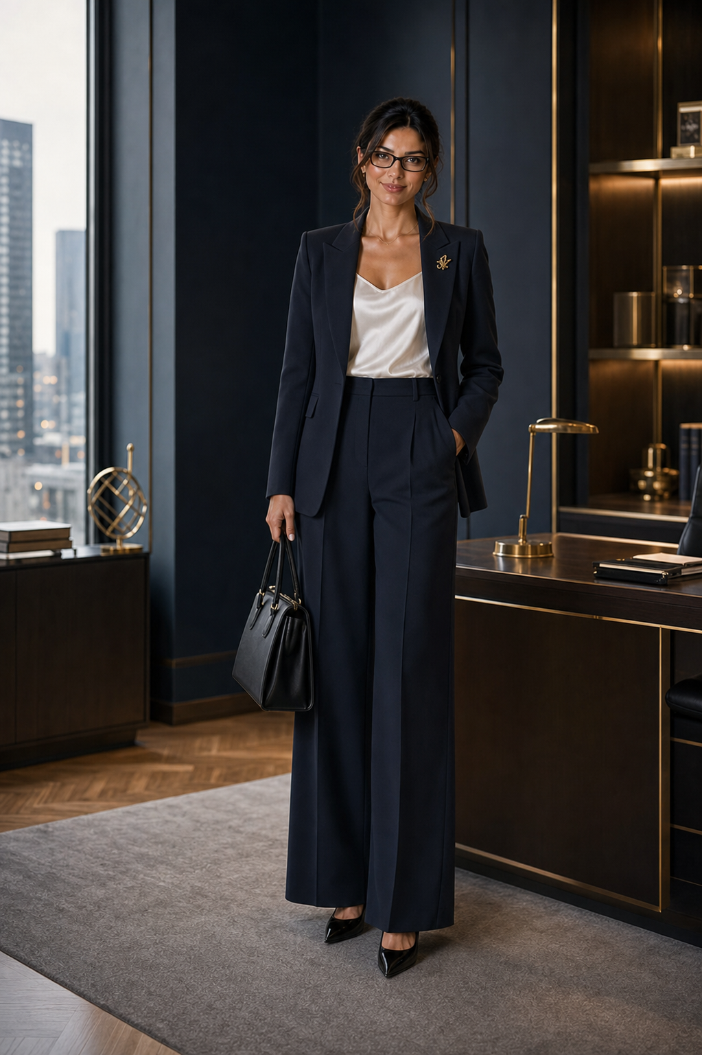 Capucine en tailleur bleu marine avec lunettes noires