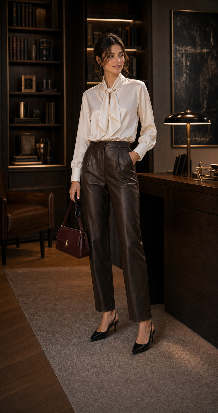 Capucine en blouse satin ivoire, pantalon cuir chocolat et sac bordeaux