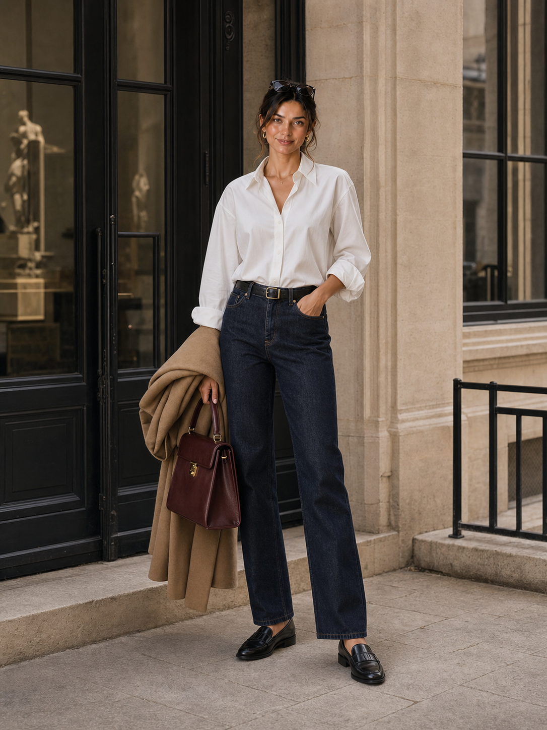 Capucine en chemise popeline blanche, denim brut et sac bordeaux