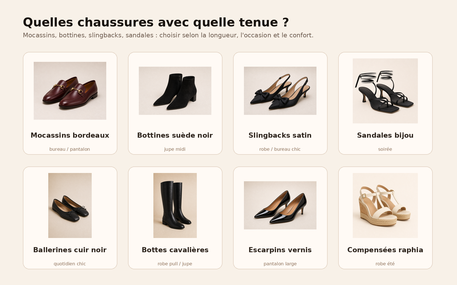 Une planche simple pour choisir la bonne chaussure selon la tenue : bureau, jupe midi, robe satin, pantalon large, été ou soirée.