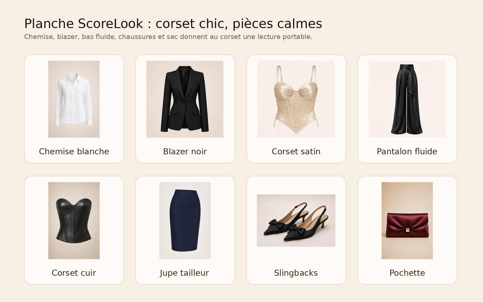 Une planche plus utile : le corset reste entouré de pièces calmes, de matières lisibles et d'accessoires sobres.
