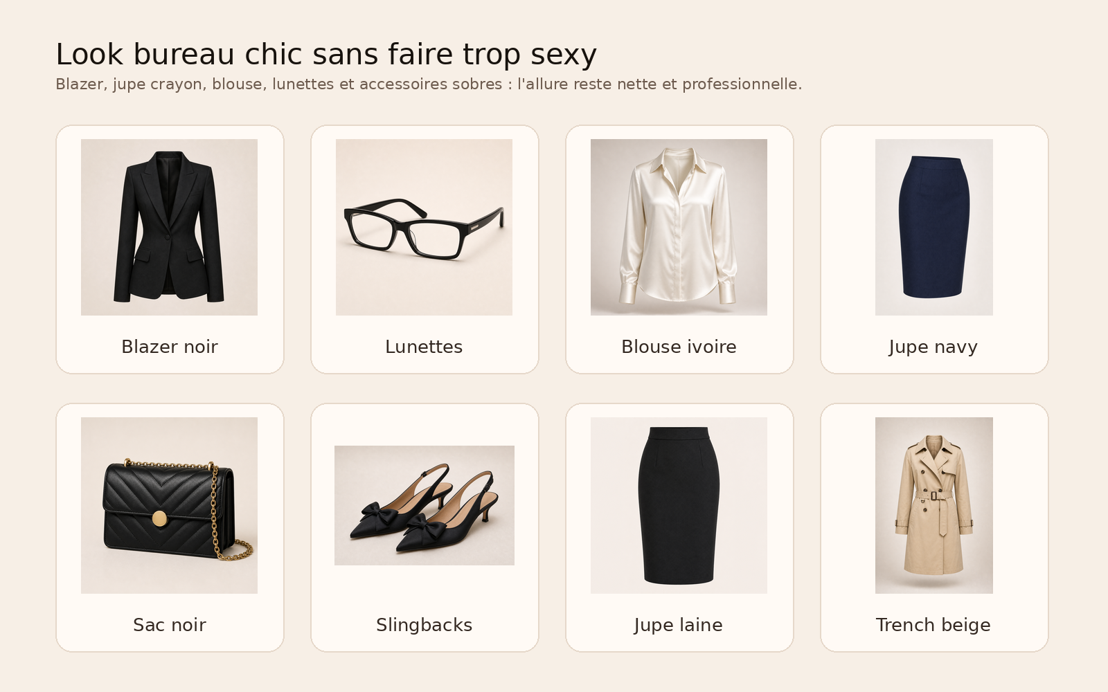 La version portable : blazer, blouse ivoire, jupe crayon, lunettes, sac structuré et chaussures sobres.