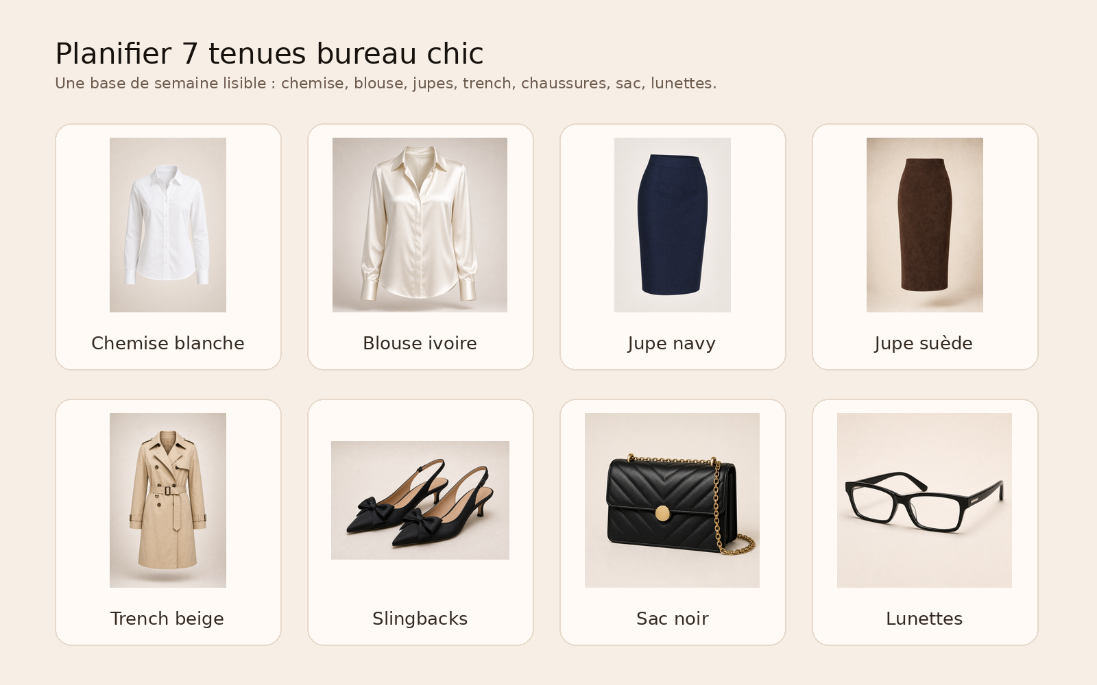 Une planche de semaine lisible : hauts, bas, trench, chaussures, sac et lunettes pour créer plusieurs tenues sans repartir de zéro.