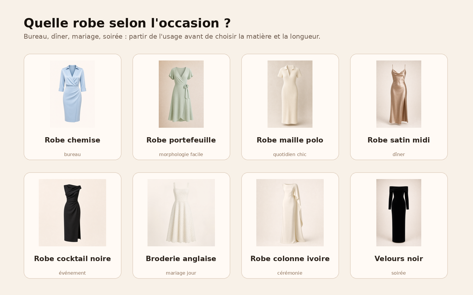 Une planche de robes par usage : bureau, quotidien chic, dîner, mariage en journée, cérémonie et soirée.